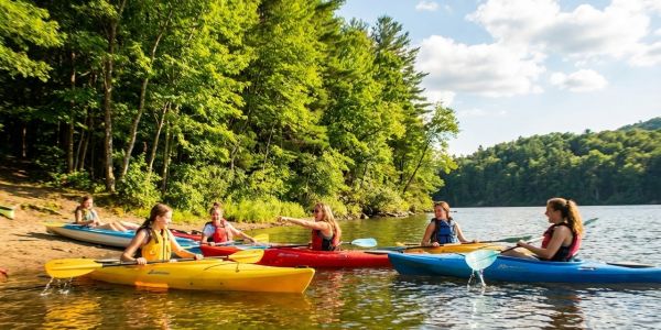 Group of people kayaking near a wooded shoreline on a calm lake during a sunny summer day
