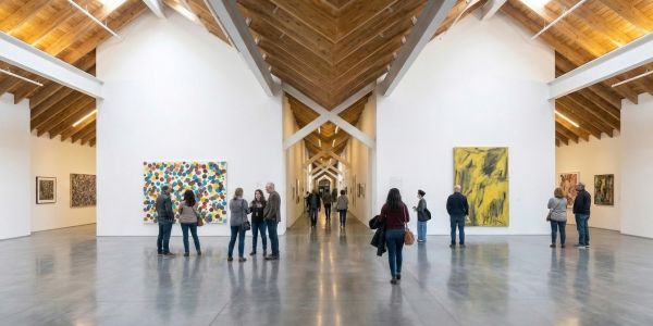 Visitors walking through a light-filled contemporary art museum in the Hamptons, with large-scale abstract paintings displayed along white gallery walls beneath a vaulted wood ceiling.