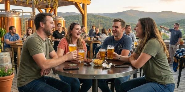 Group of friends sitting at an outdoor brewery table, enjoying craft beer and conversation with mountain views in the background