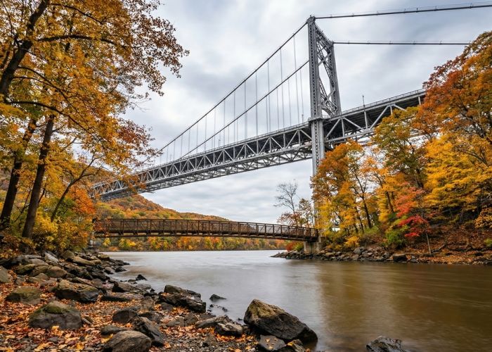 Aerial view of winding lakes surrounded by forests, farmland, and rolling hills in the Hudson Valley under a clear blue sky.
