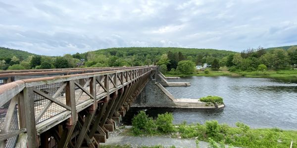 Roebling's Delaware Aqueduct historic suspension bridge across the Delaware River near Barryville.