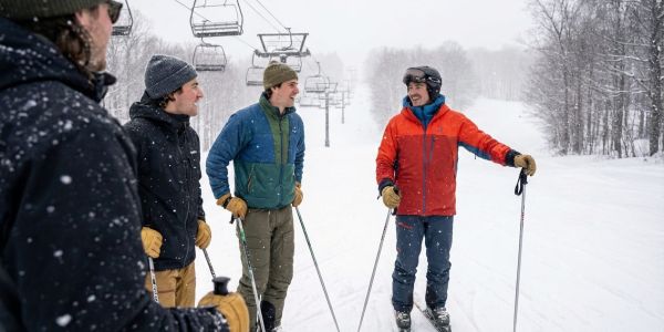 Group of friends chatting on a snowy ski trail in the Berkshires with chairlifts visible in the background.