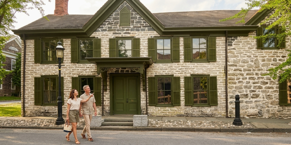 Historic buildings and shops along the Stockade District in Kingston, Ulster County, NY