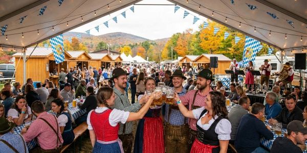 Group of friends sitting at an outdoor brewery table, enjoying craft beer and conversation with mountain views in the background