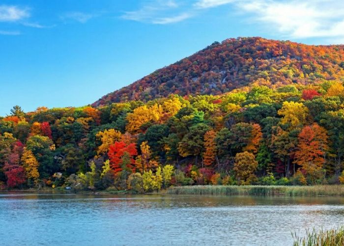 Autumn landscape in Woodstock, New York featuring a flowing river, vibrant red maple trees, and forested hills in the Catskills.