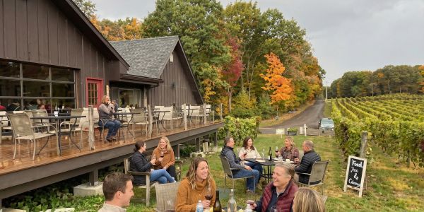 Adults relaxing around an outdoor fire pit with drinks during a Catskills brewery or tasting experience at sunset.