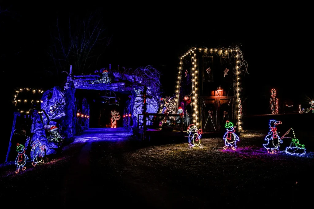 Drive-through Christmas light show in the Hudson Valley, New York with glowing tunnels and holiday displays