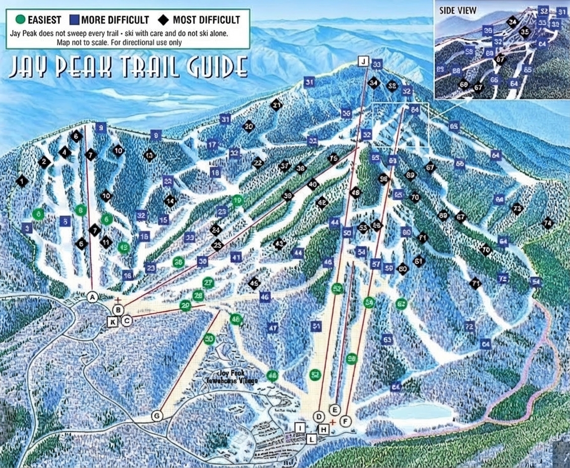 Jay Peak trail map showing ski runs, lifts, and terrain layout