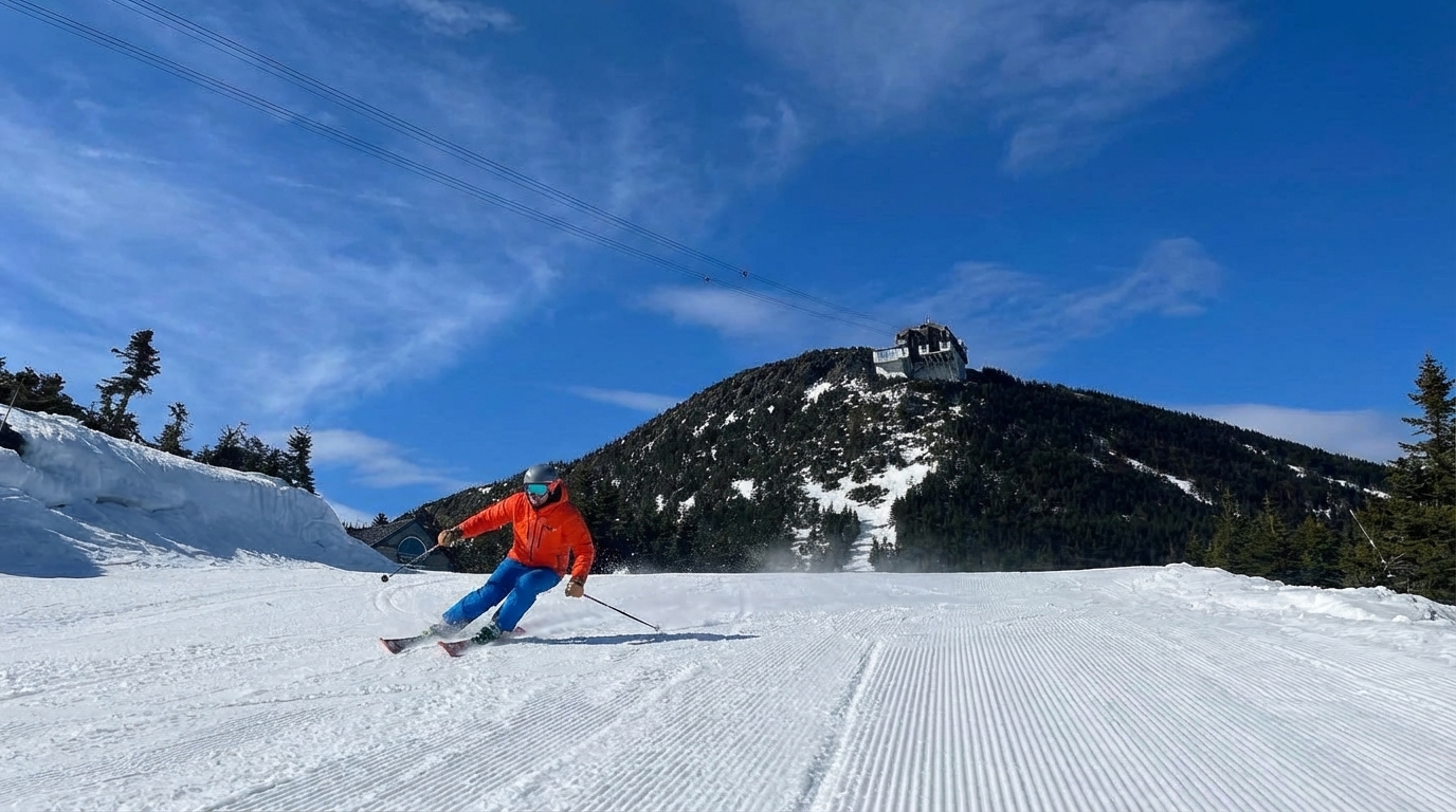 Skiers on a snowy mountain slope at Jay Peak during winter