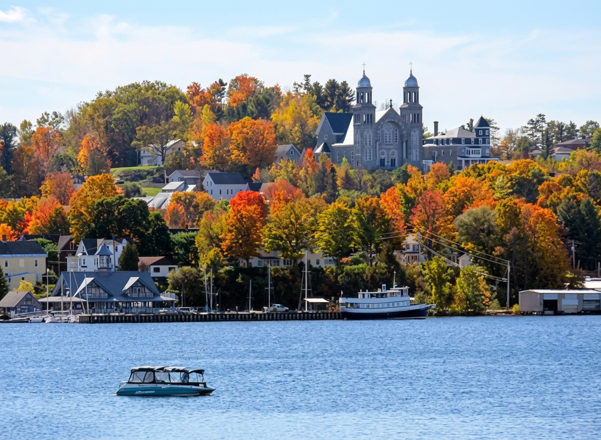 Charming small town street in Vermont's Northeast Kingdom with shops and covered bridges