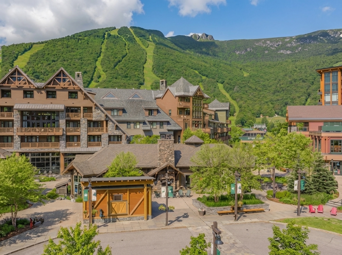 Stowe village main street with shops and restaurants in Vermont