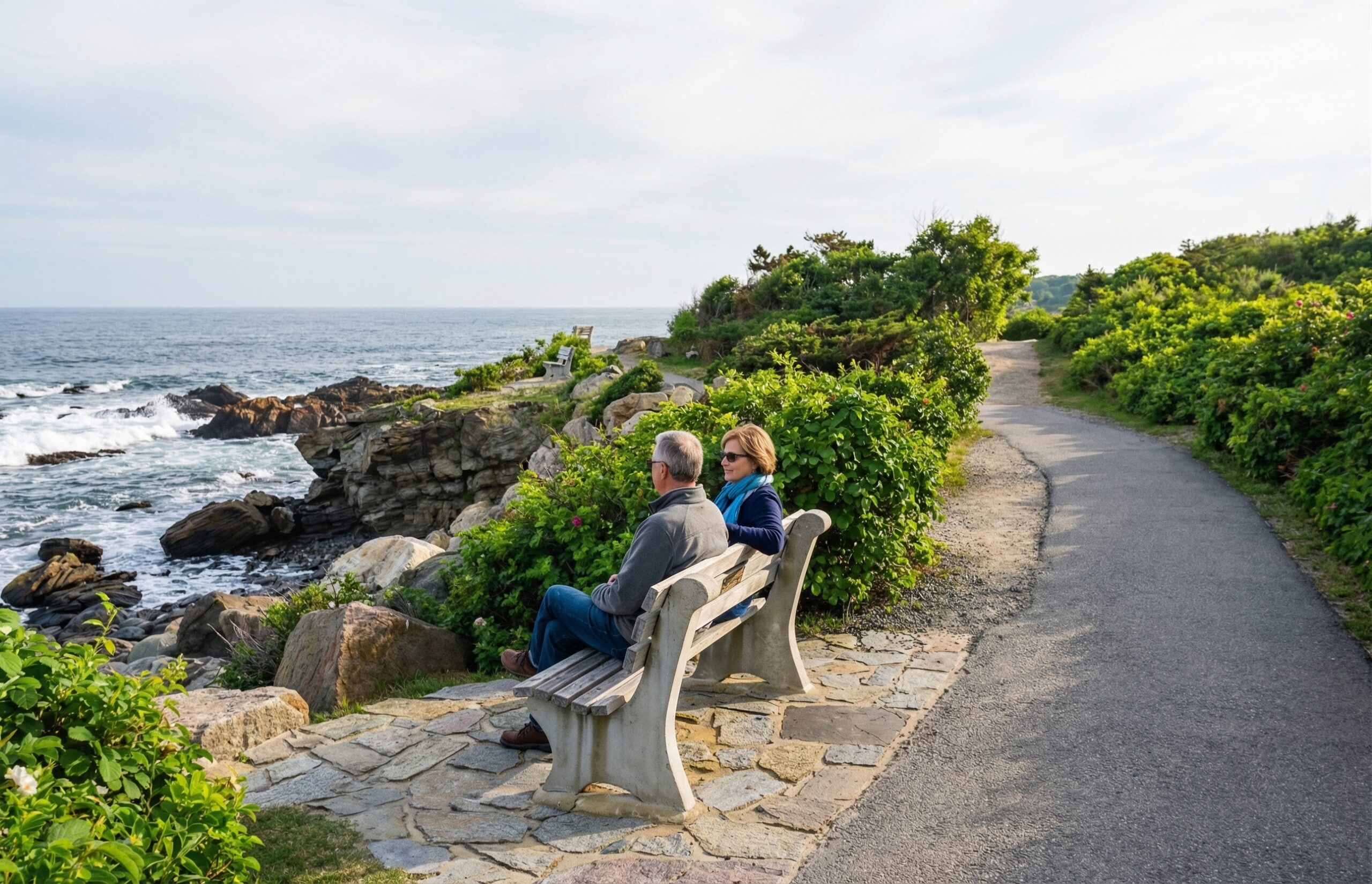 Scenic coastal walk along Maine shoreline with ocean views