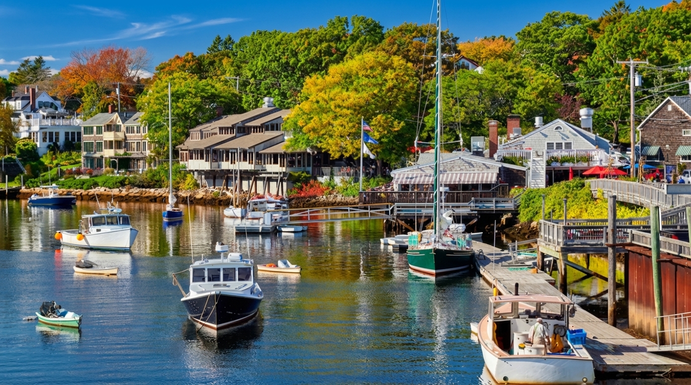 Charming coastal town in Maine with harbor views