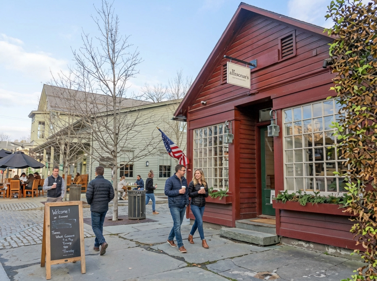 A group of friends walking along a charming Hamptons village street, passing local shops and cafés on a crisp autumn day.
