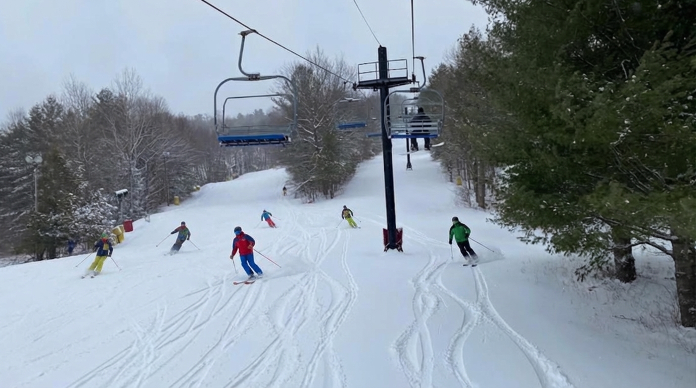 Skiers on the slopes at Mohawk Mountain in winter