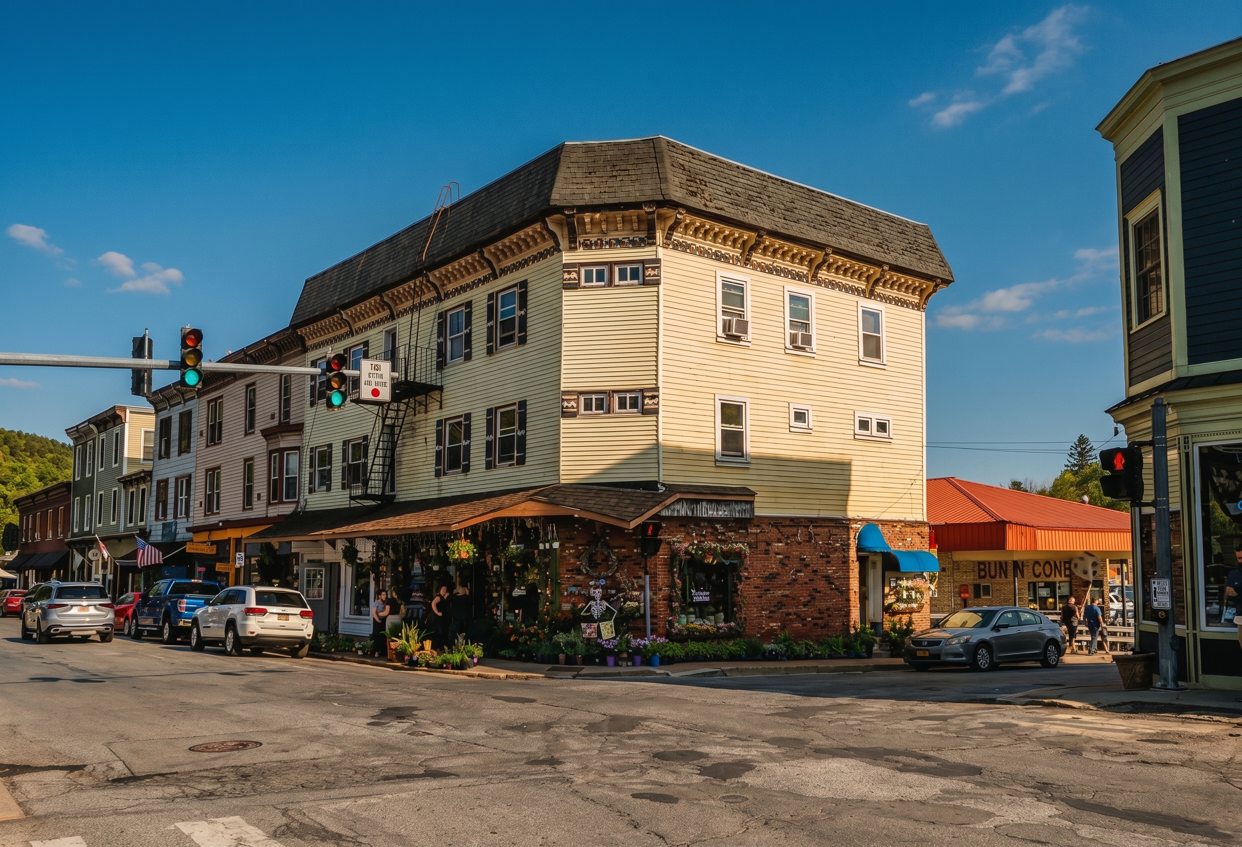 Catskills small town main street near Fleischmanns, NY with shops and cafes.