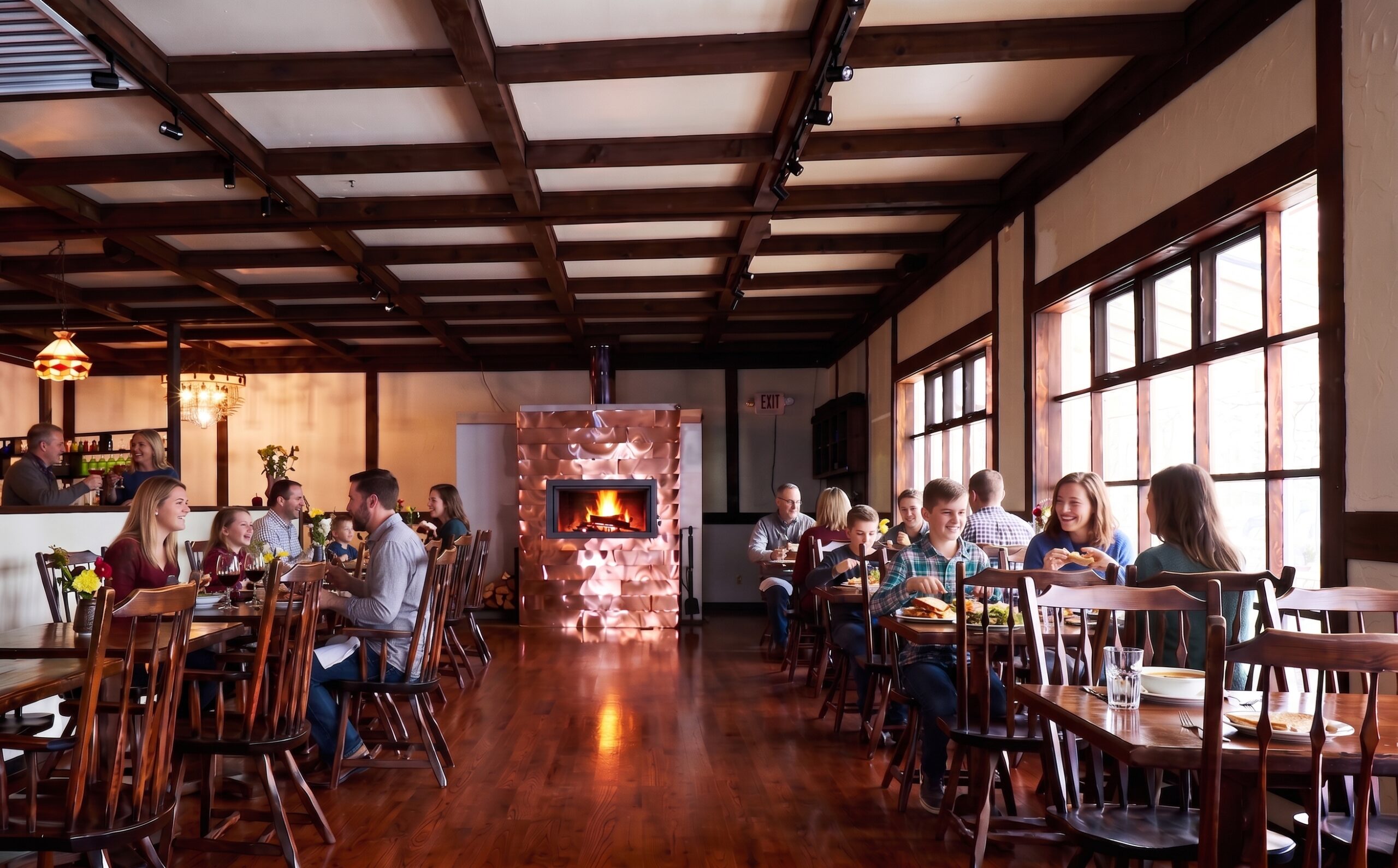 Cozy Catskills tavern interior near Fleischmanns, NY with warm lighting.