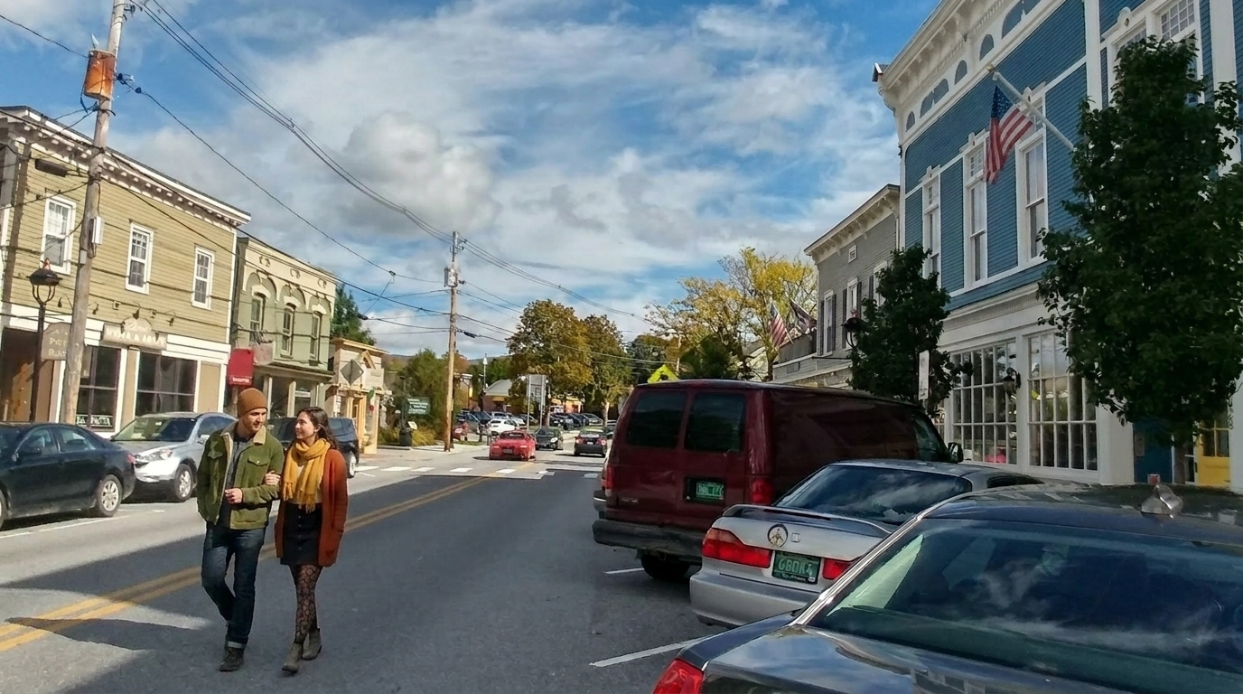Vermont small town main street near Londonderry with shops and historic buildings.