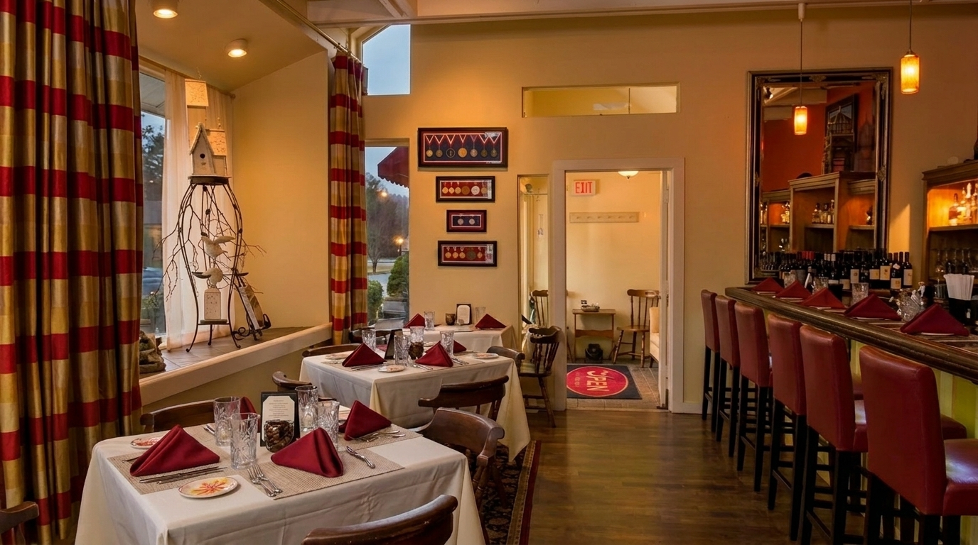 Cozy Vermont tavern interior near Londonderry with warm lighting and rustic decor.