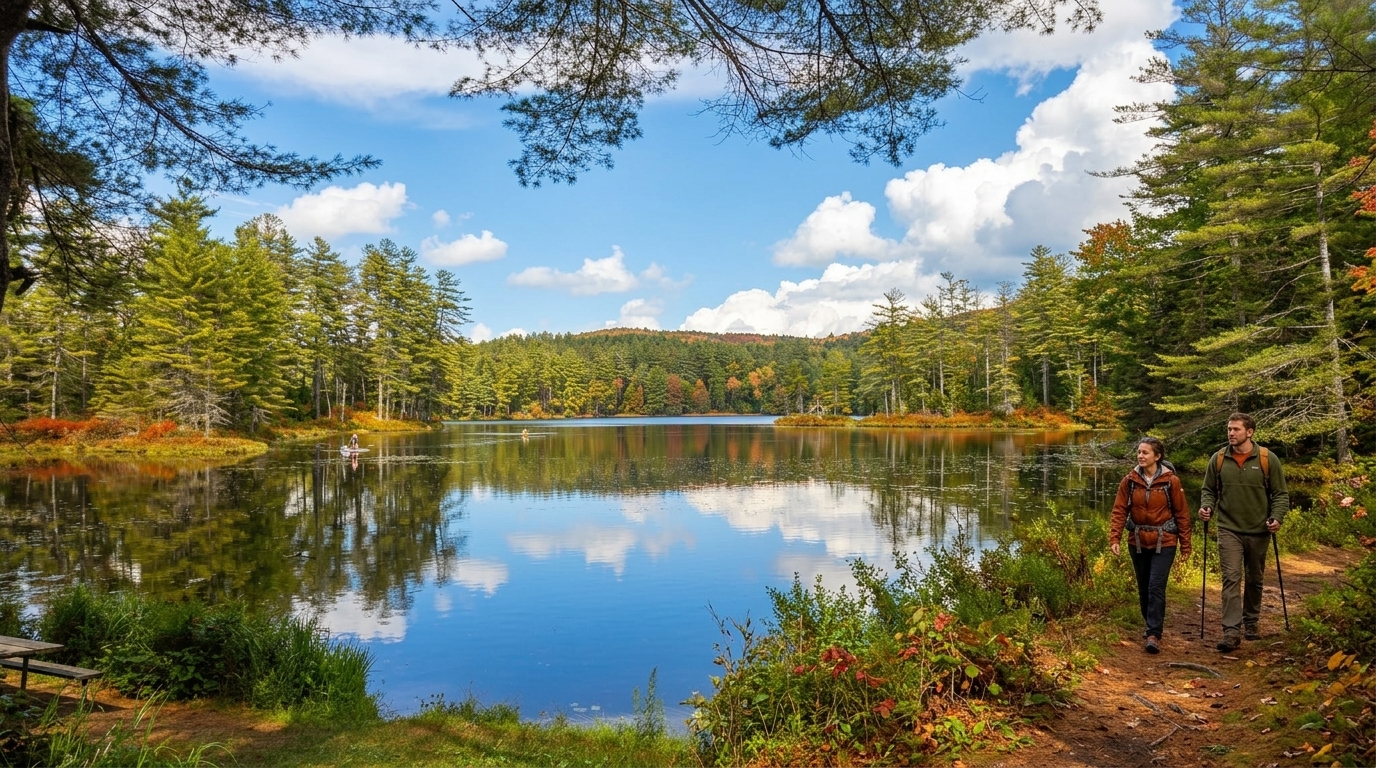 Lowell Lake State Park hiking trail near Londonderry, Vermont.