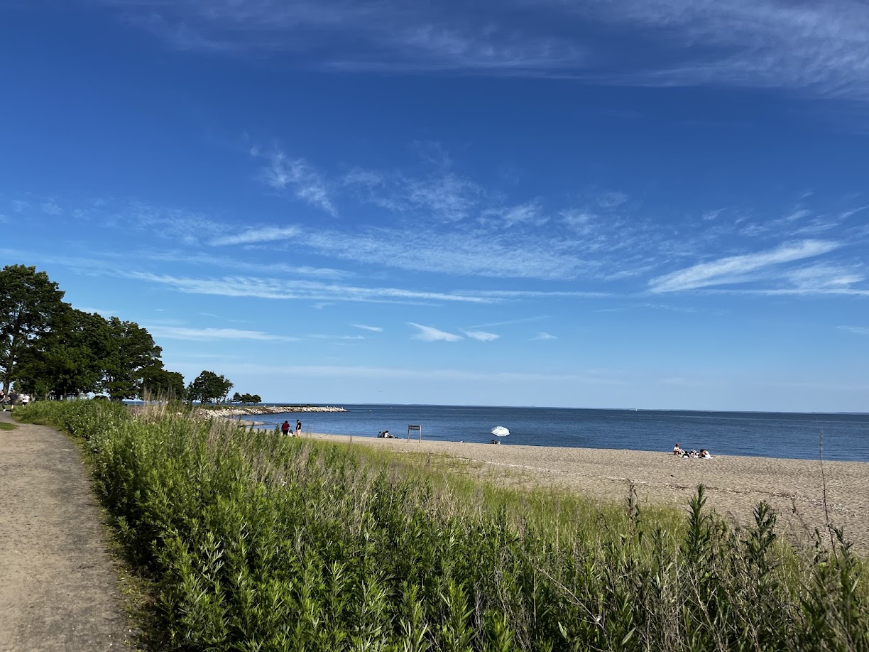 Sandy beach and coastline along Long Island Sound in Fairfield County, Connecticut